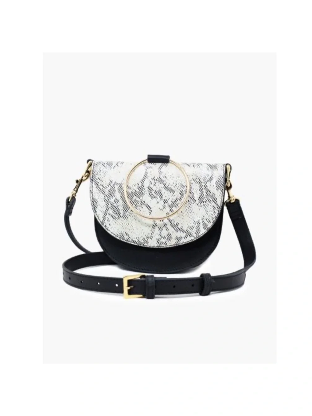 ABLE Fozi Slim Leather Crossbody Satchel Black & White Snake Print Ring Handba